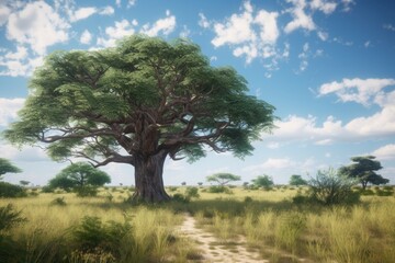 Fototapeta na wymiar A tree on a field with a blue sky and clouds Generative Ai