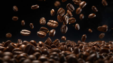 Coffee beans falling. Black background. Generative AI.