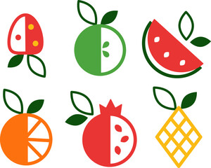 Collection of fruits in a minimalistic style. Cute colorful fruits in trendy geometric simple design. Vector illustration