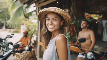 young adult woman, tanned dark skin, latina multiracial multi ethnic ,tourist tourist, sun hat, in side street with scooter with friends in background - obrazy, fototapety, plakaty