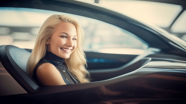 young adult woman inside a modern train or public transport such as a hyperloop or hypertrain or bus or plane