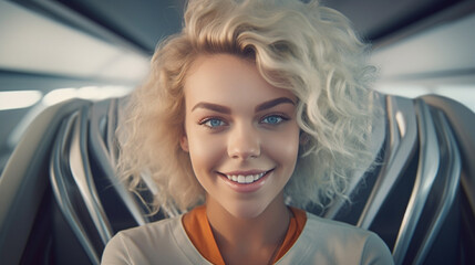 Fototapeta na wymiar young adult woman, smiling, happy, in a modern futuristic vehicle, single seat, rounded oval, hyperspeed or hyperloop