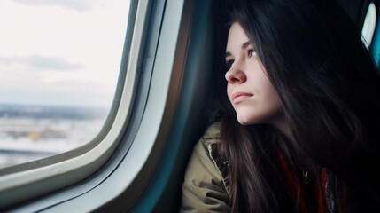 Fototapeta na wymiar young adult woman or teenager with hair dyed black sits in a train at the window, thoughtfully looking back engrossed in sad memories