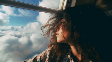 young adult woman or teenager sits in a train at the window, thoughtfully looking back engrossed in sad memories