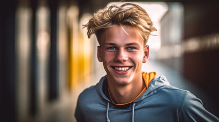 happy and satisfied, young boy, child or teenager with a thin transitional jacket in spring outside in a small town, alone, sunset, enjoying leisure time or vacation, youth with a satisfied smile