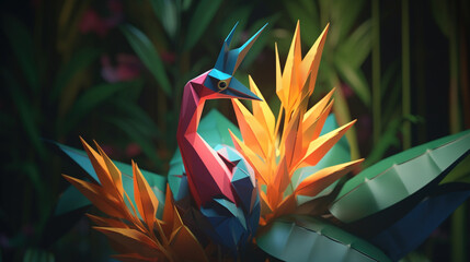 Papierowa dżungla - origami rajski ptak - koncept, opakowanie - Paper jungle - origami bird of paradise - concept, packaging - AI Generated - obrazy, fototapety, plakaty