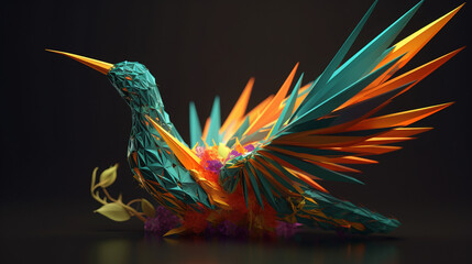 Kolorowy rajski ptak origami 3d - sztuka, dzika natura - Colorful origami 3d bird of paradise - art, wildlife - AI Generated - obrazy, fototapety, plakaty