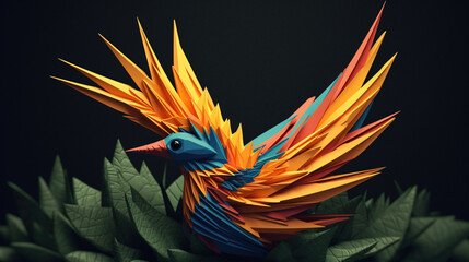 Tropikalny ptak origami, plejada barw - letnia ilustracja - Tropical origami bird, plethora of colors - summer illustration - AI Generated - obrazy, fototapety, plakaty