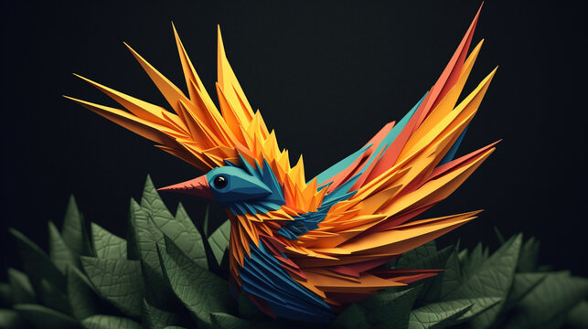 Tropikalny ptak origami, plejada barw - letnia ilustracja - Tropical origami bird, plethora of colors - summer illustration - AI Generated