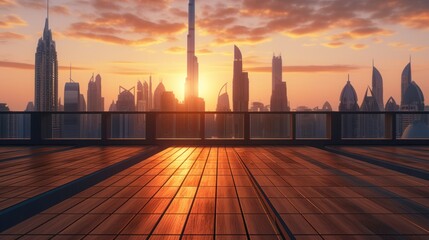 photovoltaic panels on sunset front of the big city. Generative AI