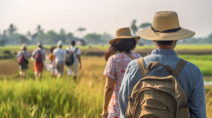 young adult woman and man, couple, traveling, with hiking clothes, sun hat and backpacks, in nature with fields and trees and wooden huts