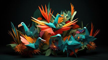 Rajskie ptactwo z papierowej tropikalnej  origami dżungli - letnie orzeźwienie - tło - Birds of paradise from paper origami tropical jungle - summer refreshment - background - AI Generated - obrazy, fototapety, plakaty