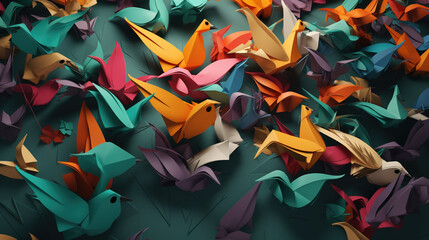 Ptasie stado origami, artystyczne tło, 3d - Origami bird flock, artistic background, 3d - AI Generated - obrazy, fototapety, plakaty