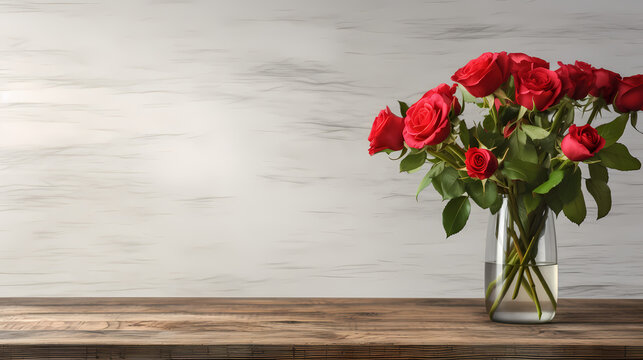 Red roses in glass vase with water on wooden table. Copyspace for romantic design 