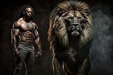 MMA Fighter With A Lion Beside Him Symbolizing His Struggle - obrazy, fototapety, plakaty