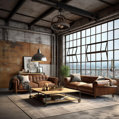 Dark living room loft with fireplace, industrial style. Generative AI