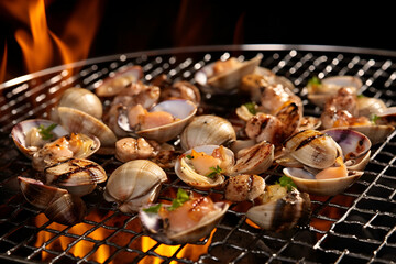 Seafood BBQ concept, selective focus, closeup of grilled shrimp, mussels and oysters on the charcoal stove, generative AI content.