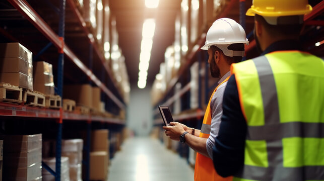 A Man With Tablet Computer In Warehouse Logistics Center Or Production Center In High-bay Warehouse, Storage On Pallets On Shelves