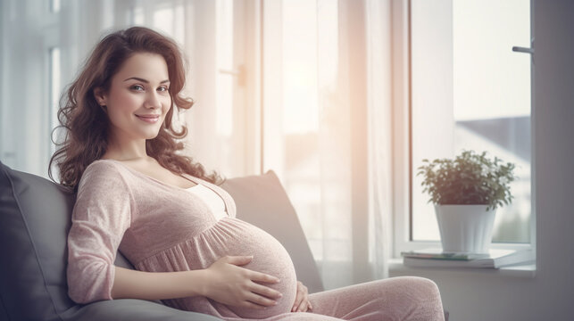 pregnant young adult woman at home on the sofa with a big baby bump in the ninth 9th month, expectant and slightly nervous, big round ball