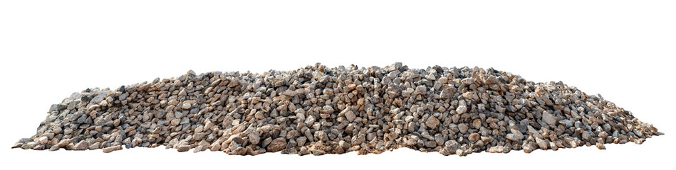 Rocks pile isolated on white background. Piles of gravel limestone rock on construction site. Limestone piles, stones used for construction or as a component of mortar. - obrazy, fototapety, plakaty
