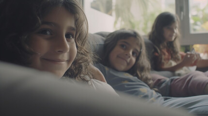 Obraz premium friends or siblings at home on the couch, children girls, childhood, window with late afternoon natural light, three girls children sitting on the sofa