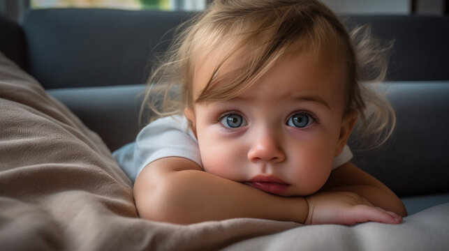 toddler kid girl waiting or thoughtful lying on sofa at home