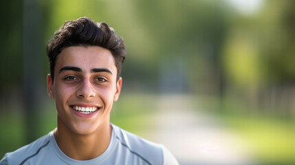 adult young man outdoors in nature or dirt road jogging or walking