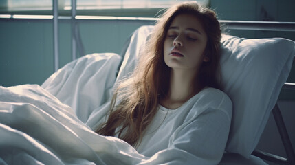 hospital or psychiatry bed, sad young teenager girl woman - obrazy, fototapety, plakaty