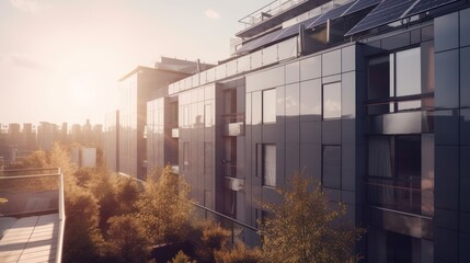 Modern house with solar panels on the rooftop with sunset on the background. Generative AI