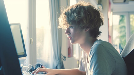 kid boy teenager at computer screen, fictional happening