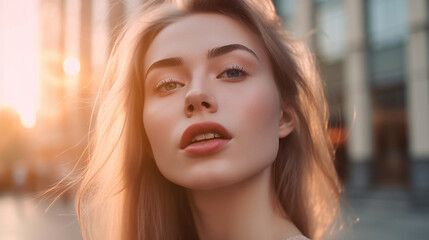 young adult woman with fair skin and light brown hair at sunset in a city in front of a large building, fictional place, - obrazy, fototapety, plakaty