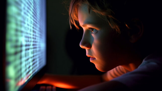 kid boy teenager at computer screen with digital code, fictional happening