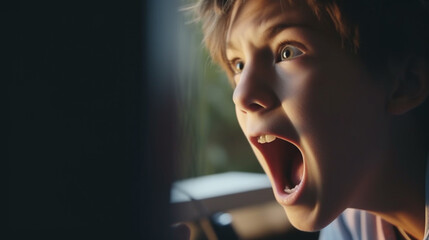 angry screaming boy, kid, in nursery or office, anger and freak out
