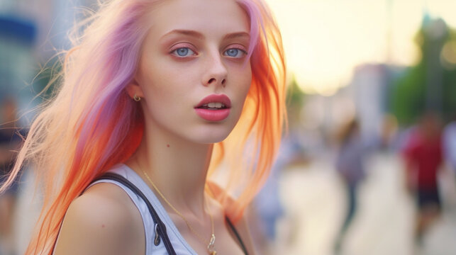 girl teenager with blond and dyed pink hair, caucasian, outside in a big city in a big public square or town hall square, pedestrian zone, fictitious place in free time