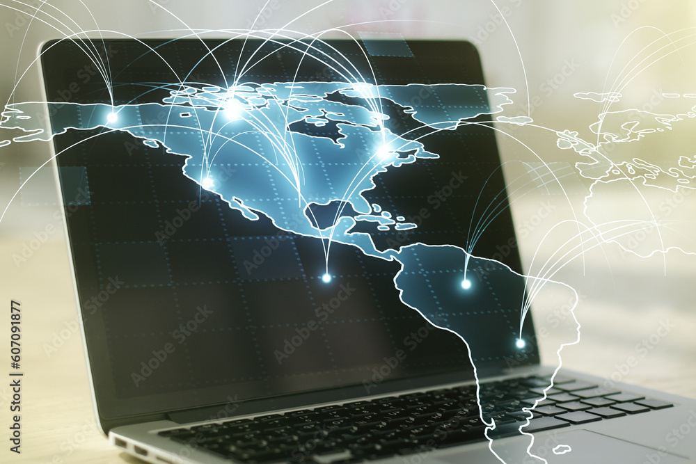 Fototapete double exposure of abstract digital world map with connections on computer background, big data and 