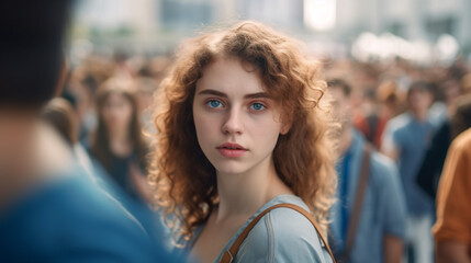 Obraz premium blonde young adult woman stroll through the city, crowd in the background blurred