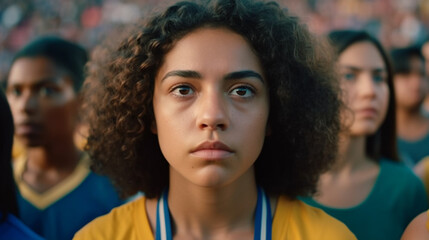 young adult woman at a sporting event, in a stadium, open-air, shocked almost crying facial expression, exhaustion or disappointment