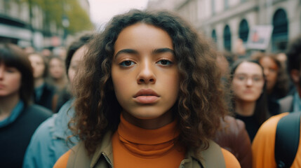Fototapeta premium young adult people, protesting or riot, women crowds of people in a tight crowd, fictitious place