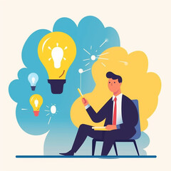 2D flat illustration image of a business man with bright ideas. Isolated on plain color background.