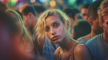 Fototapeta premium young adult people, protesting or riot, women crowds of people in a tight crowd, fictitious place