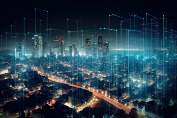 Modern cityscape and communication wireless network concept. Telecommunication. IoT (Internet of Things). ICT (Information communication Technology). 5G. Smart city. Digital transformation