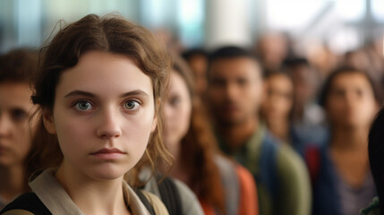 excited nervous young adult girls or teenagers standing in a row, waiting in line, fictional happening like an exam or lecture or at the airport queue