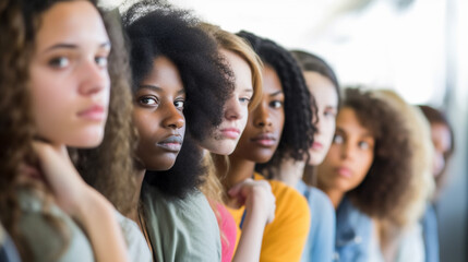 Obraz premium excited nervous young adult girls or teenagers standing in a row, waiting in line, fictional happening like an exam or lecture