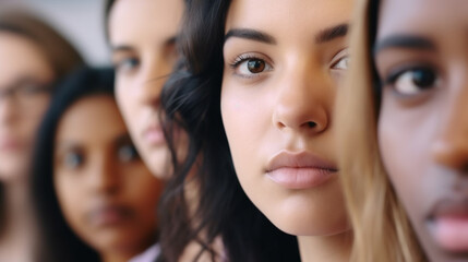 Obraz premium excited nervous young adult girls or teenagers standing in a row, waiting in line, fictional happening like an exam or lecture