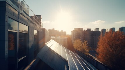Modern house with solar panels on the rooftop with sunset on the background. Generative AI