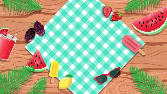 Hello summer 4k animated card or banner template on picnic square striped blanket and wooden background. Watermelon, detox, ice cream, sunglasses and mulberries and lemon. Fresh green palm leaves.