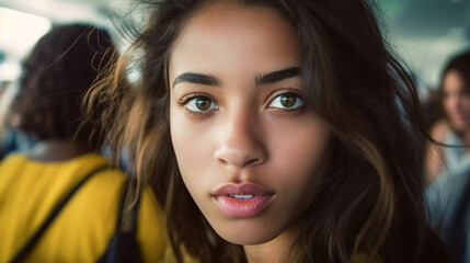 young adult woman, fictional location, multiracial tanned skin, beauty, slightly worried or waiting, problems or questions - obrazy, fototapety, plakaty
