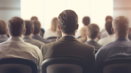 Obraz premium large group of people listening to a lecture or instructions, fictitious happening