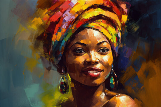 A painting portrait of an african woman wearing a colorful headwrap