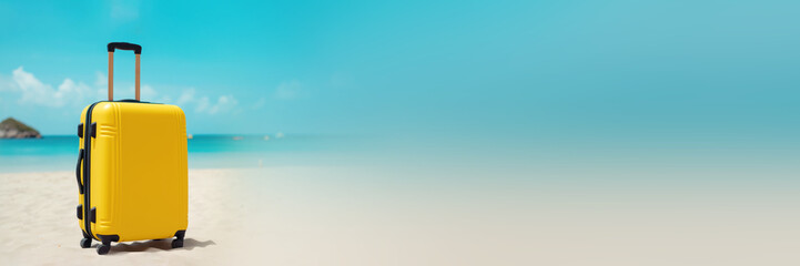 Banner of yellow modern suitcase with small wheels standing on the turquoise sea on the sand. Summer concept, travel, flight, vacation, seaside holidays. Copy space, place for text